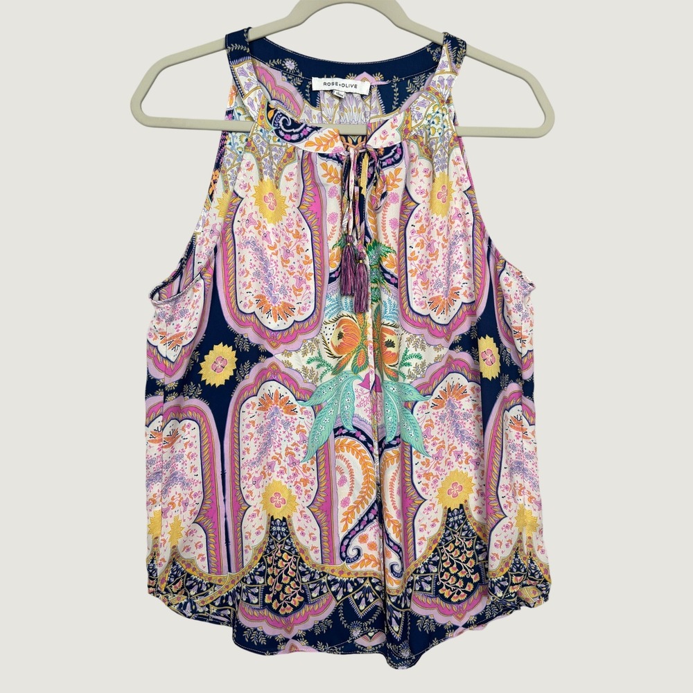 Rose + Olive Tank Top Womens Large Paisley Medallion Tassel Tie Sleeveless